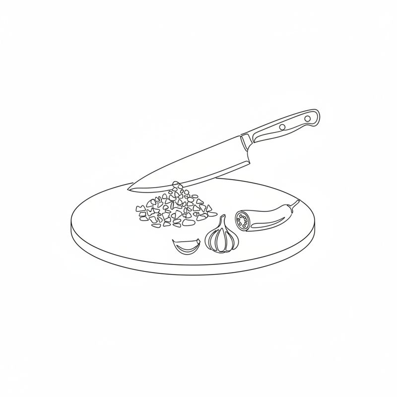 Ein Messer neben einem Häufchen fein gehackter Zwiebel auf einem runden Schneidebrett; daneben eine ganze Knoblauchknolle, eine Knoblauchzehe und eine grüne Chili.