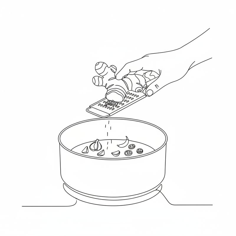 Eine Hand reibt frischen Ingwer auf einer kleinen Reibe über einem Topf, in dem gehackter Knoblauch und grüne Chili dünsten.