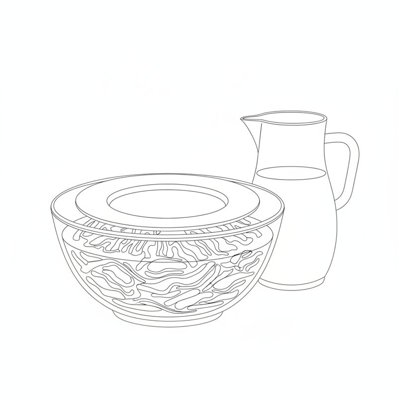 Eine Glasschüssel mit Kohl unter Wasser, ein Teller liegt obenauf; daneben steht eine Kanne mit Wasser.