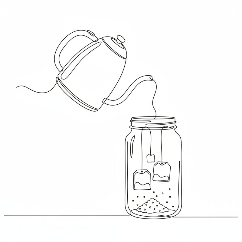 Aus einem Wasserkessel wird kochendes Wasser in ein großes Glas gegossen, in dem zwei Teebeutel hängen; am Boden liegt ein kleiner Haufen Zucker.