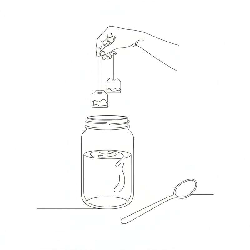 Eine Hand hebt zwei Teebeutel aus einem Glas mit Tee; neben dem Glas liegt ein Löffel.