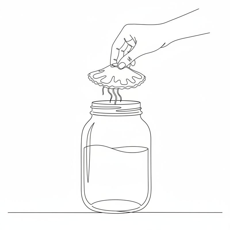 Eine Hand senkt einen flachen SCOBY mit welligen Rändern und herabhängenden Fäden in ein Glas mit Tee.