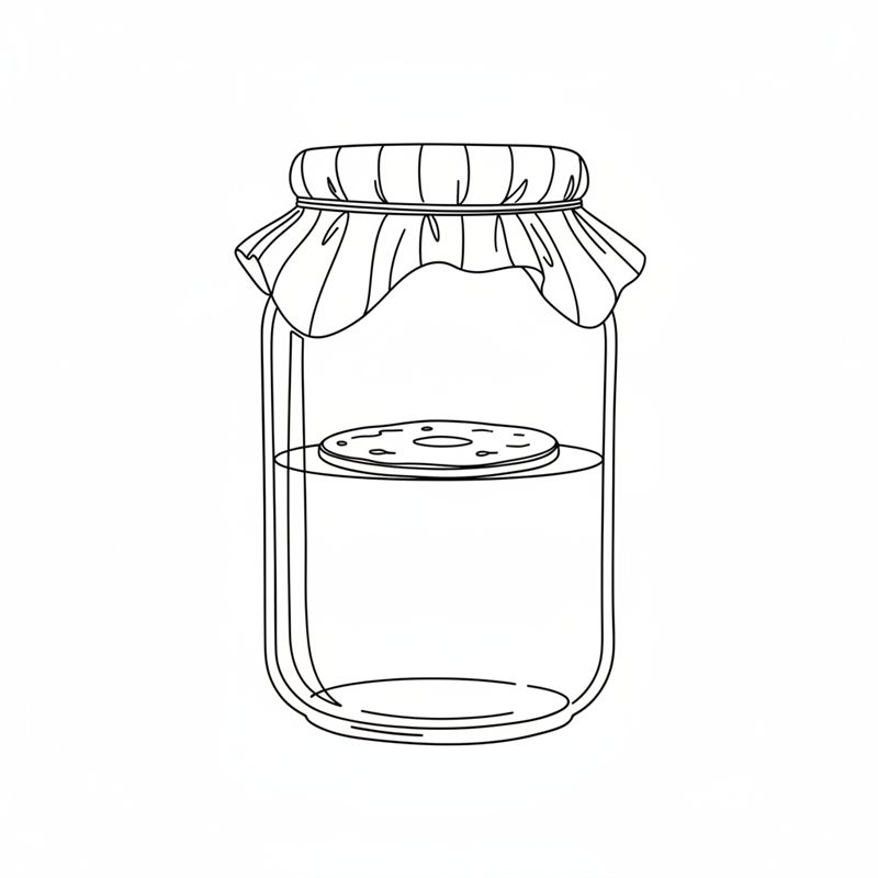 Ein Glas mit Tee, auf dessen Oberfläche ein flacher SCOBY schwimmt; das Glas ist mit einem Stück Stoff abgedeckt, das ein Gummiband am Hals festhält.