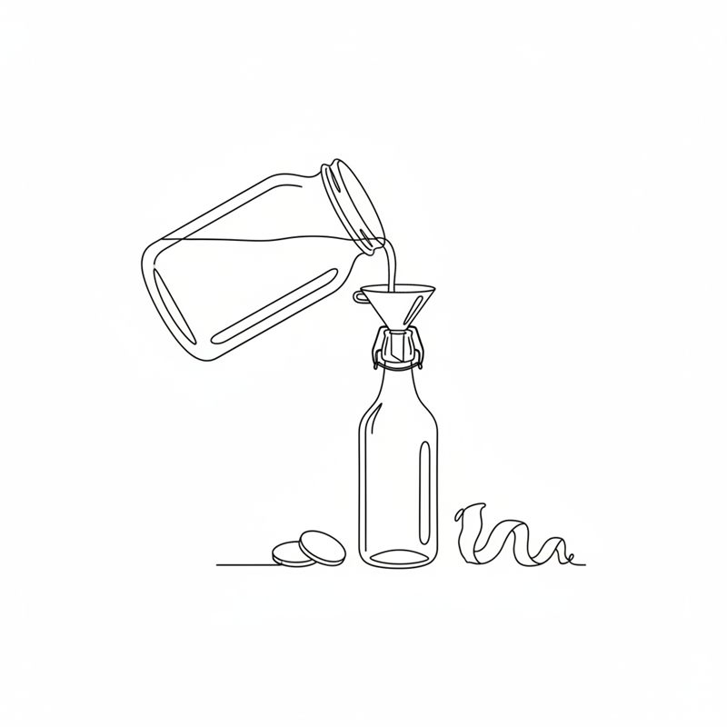 Kombucha wird aus einem Glas durch einen Trichter in eine Bügelflasche gegossen; daneben liegen zwei Ingwerscheiben und eine gedrehte Zitronenschale.