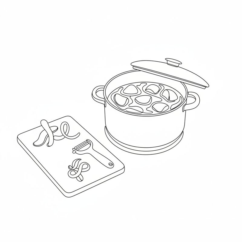 Geschälte Kartoffelstücke kochen in einem Topf mit Deckel auf einer Herdplatte; daneben liegen ein Kartoffelschäler und Kartoffelschalen auf einem Schneidebrett
