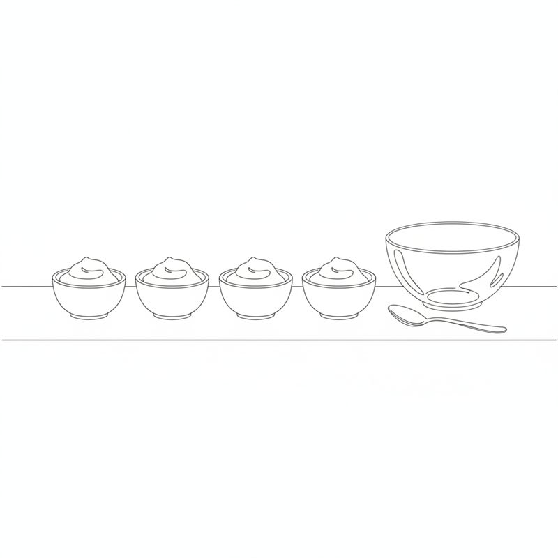 Vier kleine Portionsschälchen mit Mousse stehen in einer Reihe auf einem Tisch; daneben eine leere Rührschüssel und ein Löffel