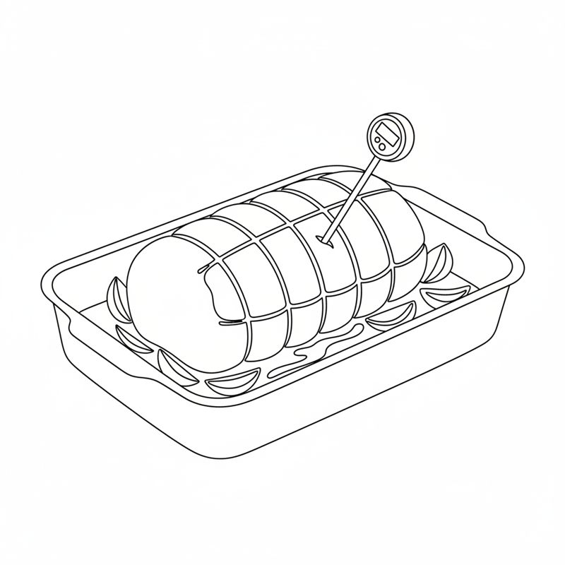 Ein gebundener Braten in einer rechteckigen ofenfesten Form mit Zwiebelspalten und Flüssigkeit ringsum; mitten im Fleisch steckt ein Bratenthermometer