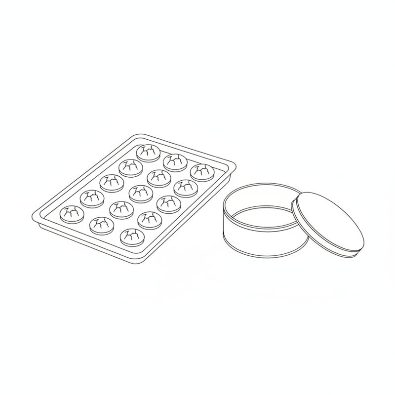 Ein Backblech mit gebackenen, oben rissigen Makronen, daneben eine offene runde Dose und ihr Deckel