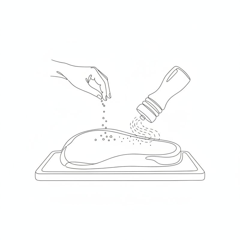 Eine Hand streut Salz über ein rohes Rinderfilet auf einem Schneidebrett, daneben wird mit einer Pfeffermühle Pfeffer darübergemahlen