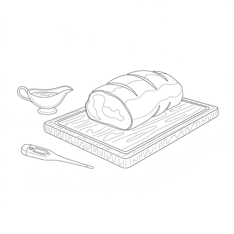 Ein ganzes gegartes Rinderfilet ruht auf einem Schneidebrett, daneben stehen eine Sauciere und ein digitales Fleischthermometer