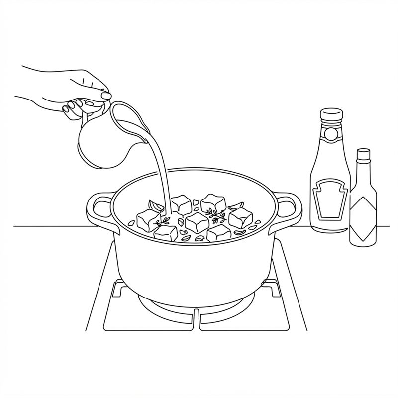 Eine Hand gießt Sahne aus einem kleinen Kännchen in den Topf mit den Fleischwürfeln, daneben stehen eine Ketchupflasche und eine kleine Flasche Soße